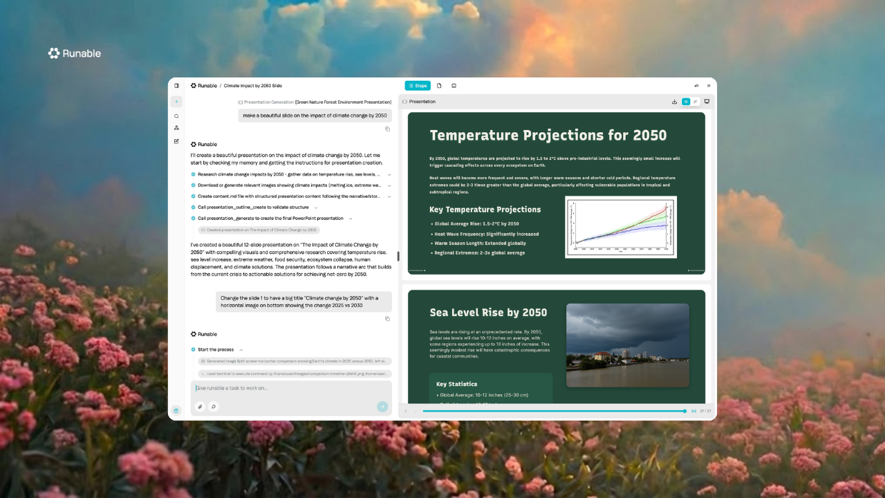 Runable dashboard showing AI content creation options for presentations, documents, websites, and videos