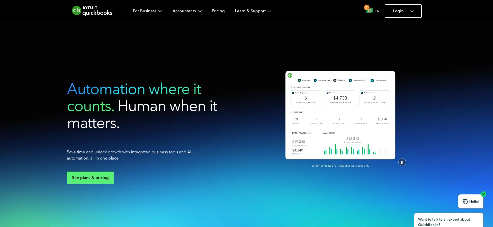 QuickBooks dashboard with Intuit Assist answering a financial question
