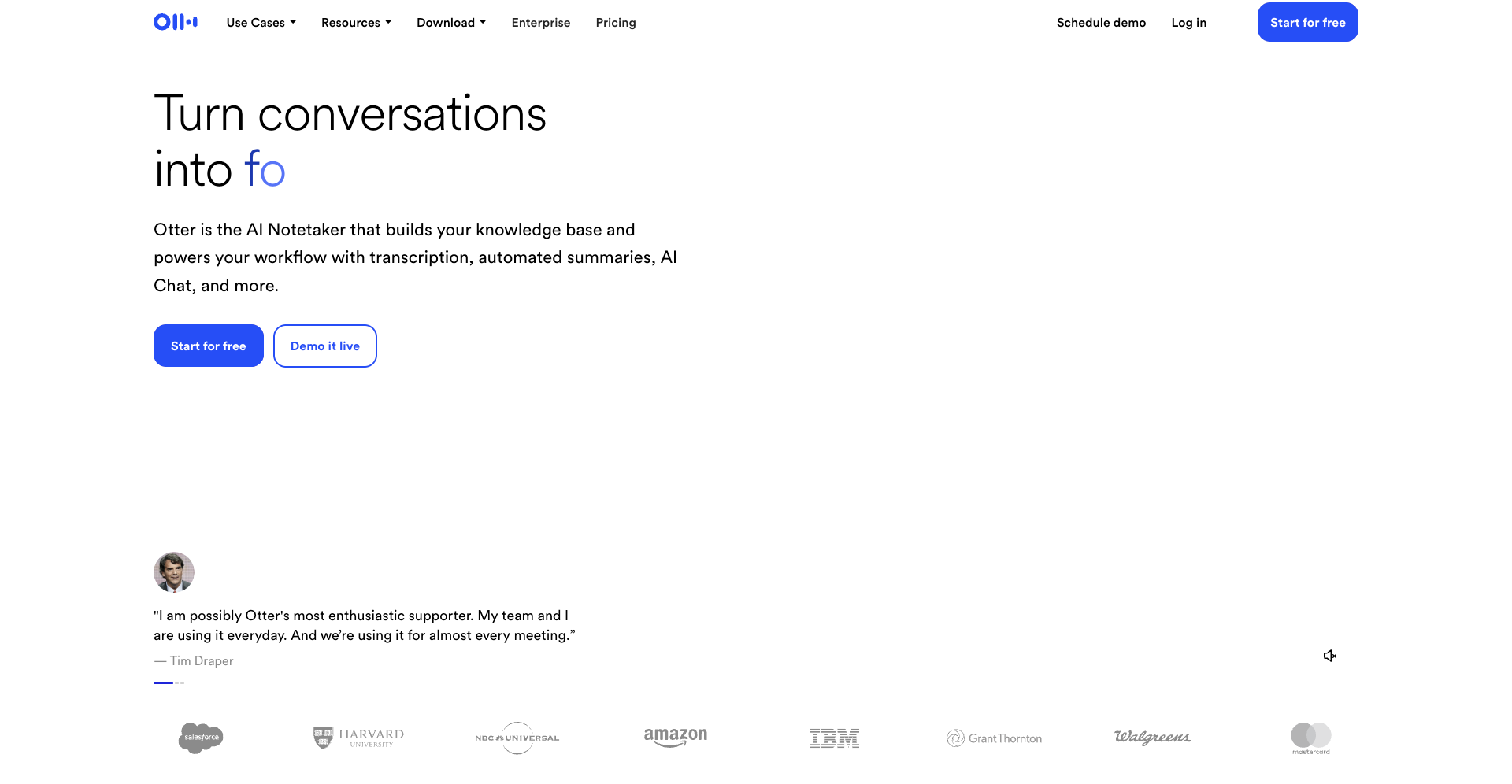 Otter.ai transcribing a meeting in real time with speaker labels and summary