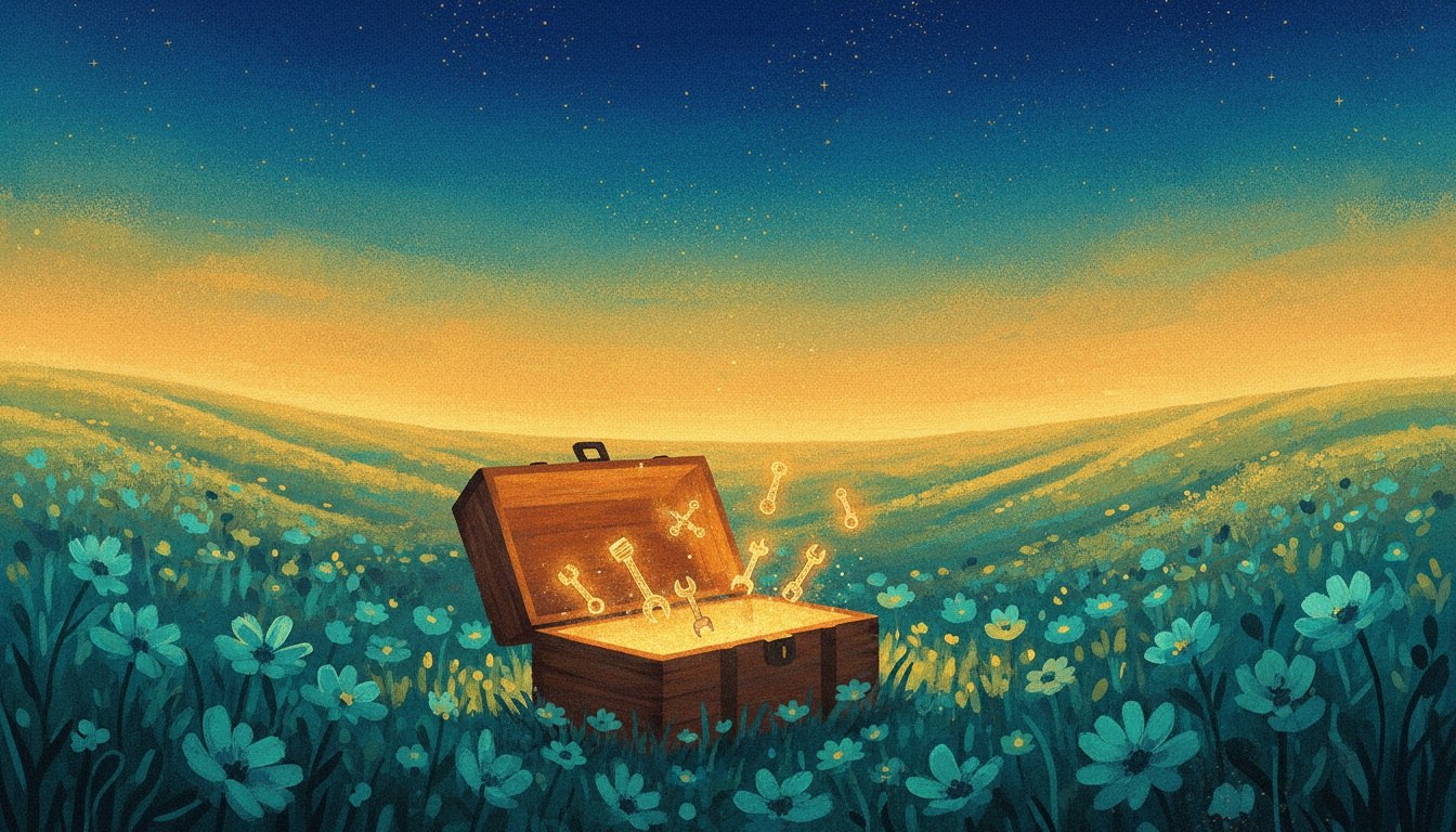 Illustration of an open toolbox glowing among wildflowers, representing a small business AI toolkit