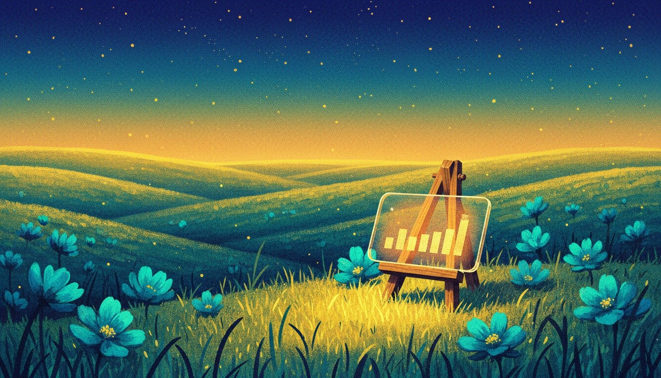 Illustration of a glowing presentation slide on an easel among wildflowers