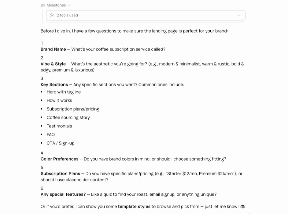 Runable agent asking clarifying questions before building
