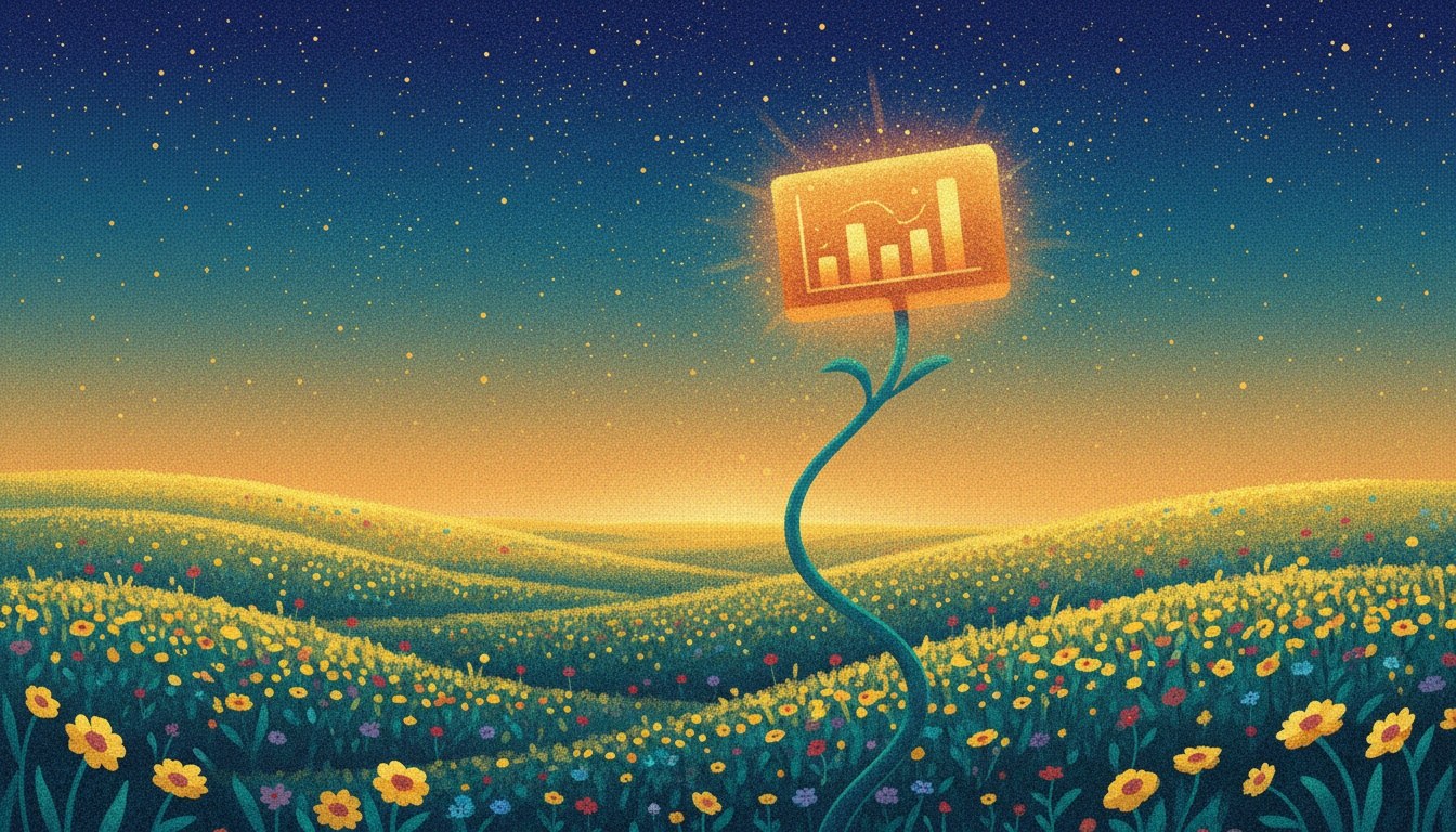 A single warm glowing presentation slide blooming open like a wildflower on a slender teal stem in an acid yellow field, its amber face showing a simple luminous bar chart