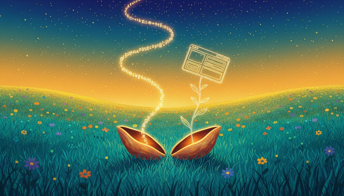 Illustration of one idea splitting into unformed text on one side and a fully built website on the other