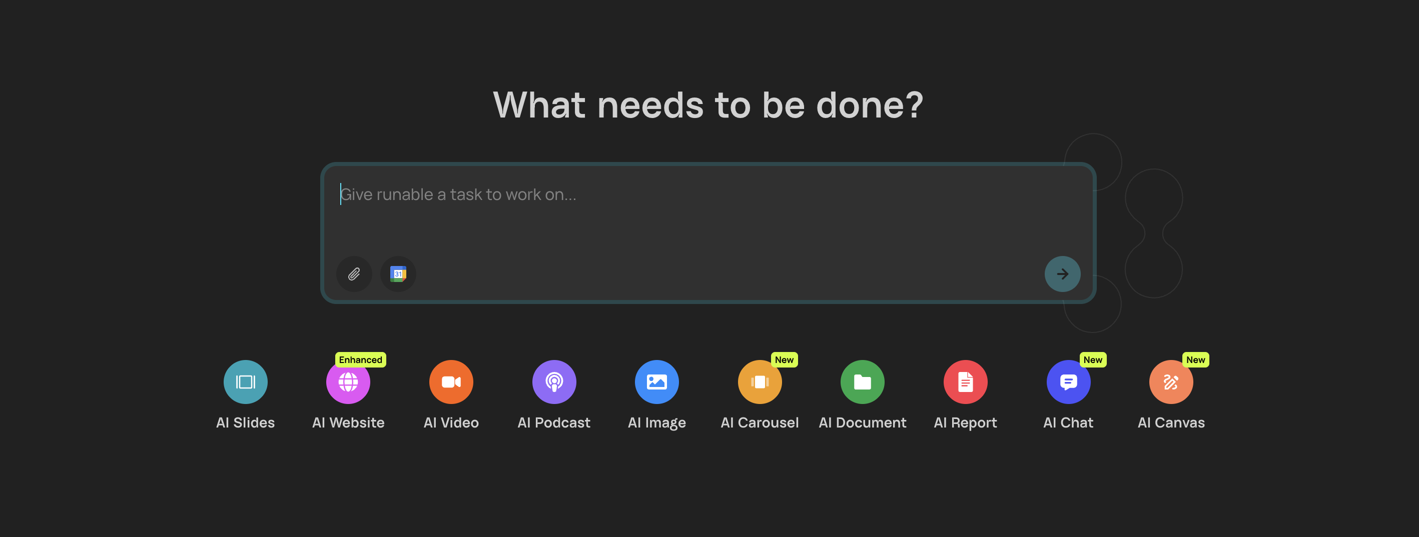 Runable's creation interface showing ten AI-powered modes including slides, websites, videos, podcasts, and documents
